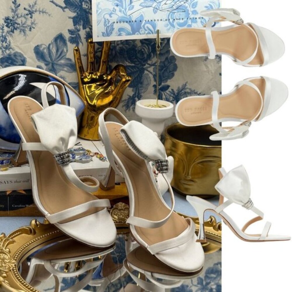 🆕 TED BAKER 🧿 NWOB Belle White Satin Half Bow Sandal, Sz 37 US 6.5